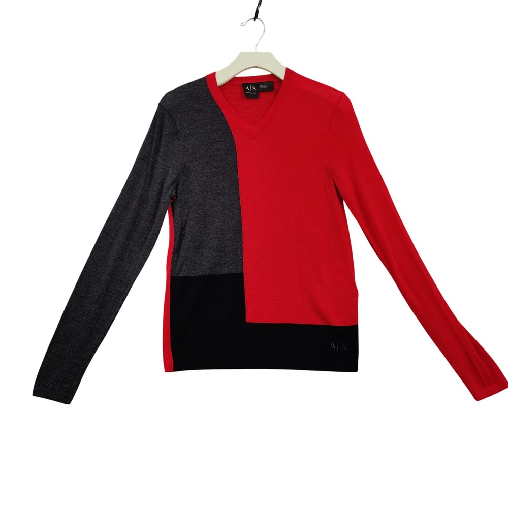 Armani Exchange Mens Modernist Colorblock 100% Wool Sweater XS Red Black VNeck